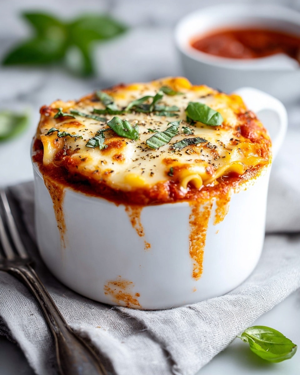 A white round cup filled with four visible layers of lasagna. The bottom layer is rich red tomato sauce with some visible tomato chunks, above this, a wavy pale yellow pasta sheet is slightly folded on the edges. The third layer consists of melted golden and white cheese, which covers the top generously, with some browned spots from baking. There are green herb leaves, likely basil, on top, and a sprinkle of black pepper and tiny leaves, adding texture and color contrast. The tomato sauce spills slightly down the cup’s side, and the cup is placed on a light grey cloth with a silver fork to the side, all set against a white marbled background. Photo taken with an iphone --ar 4:5 --v 7