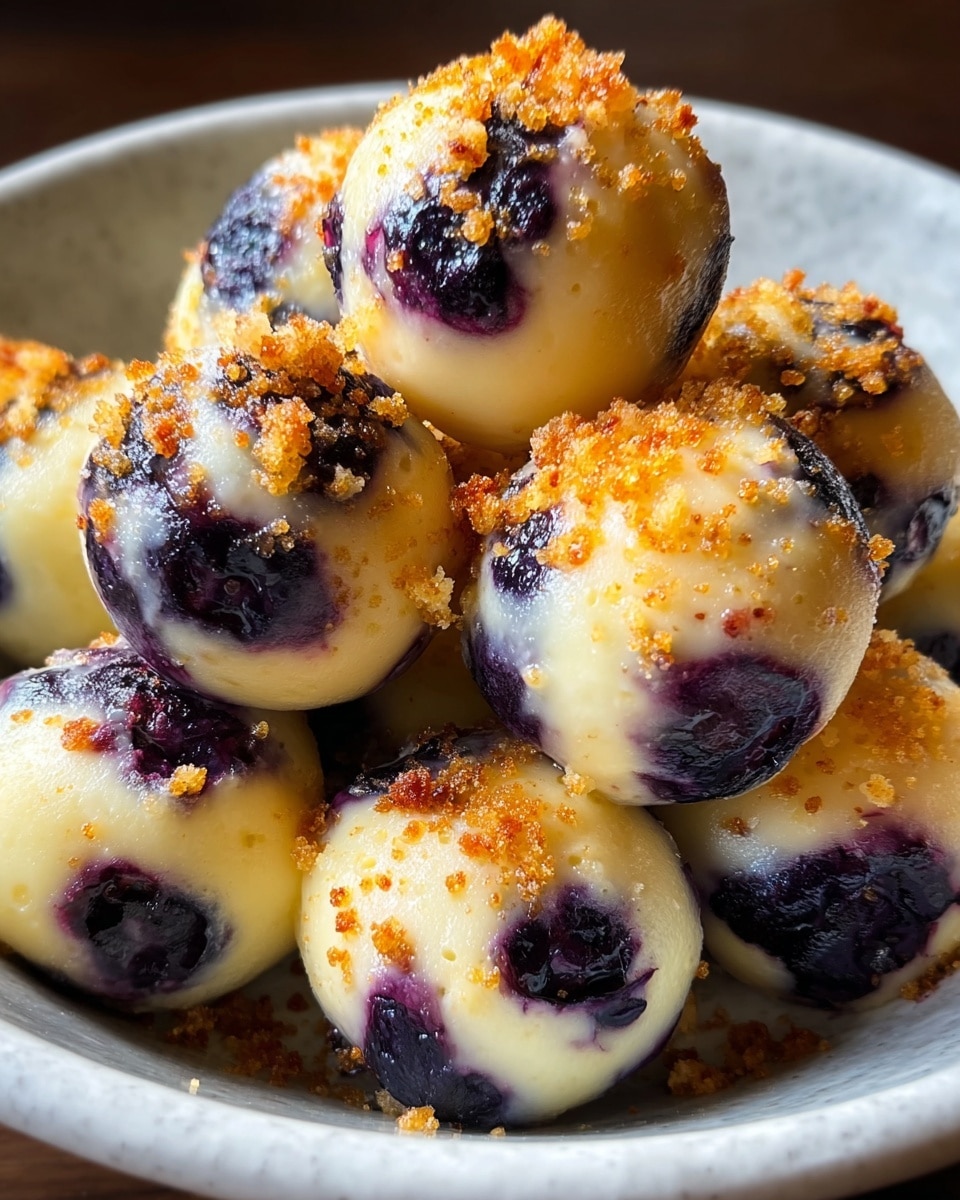 The image shows a bowl filled with small round dessert balls, each with two clear layers: a creamy, pale yellow outer layer speckled with a toasted golden-brown crust, and dark purple, juicy blueberries embedded within and partially visible on the surface. The balls are stacked closely together in a white bowl, giving a sense of richness and texture with a mix of smooth and slightly crispy surfaces. The background is a white marbled texture. photo taken with an iphone --ar 4:5 --v 7