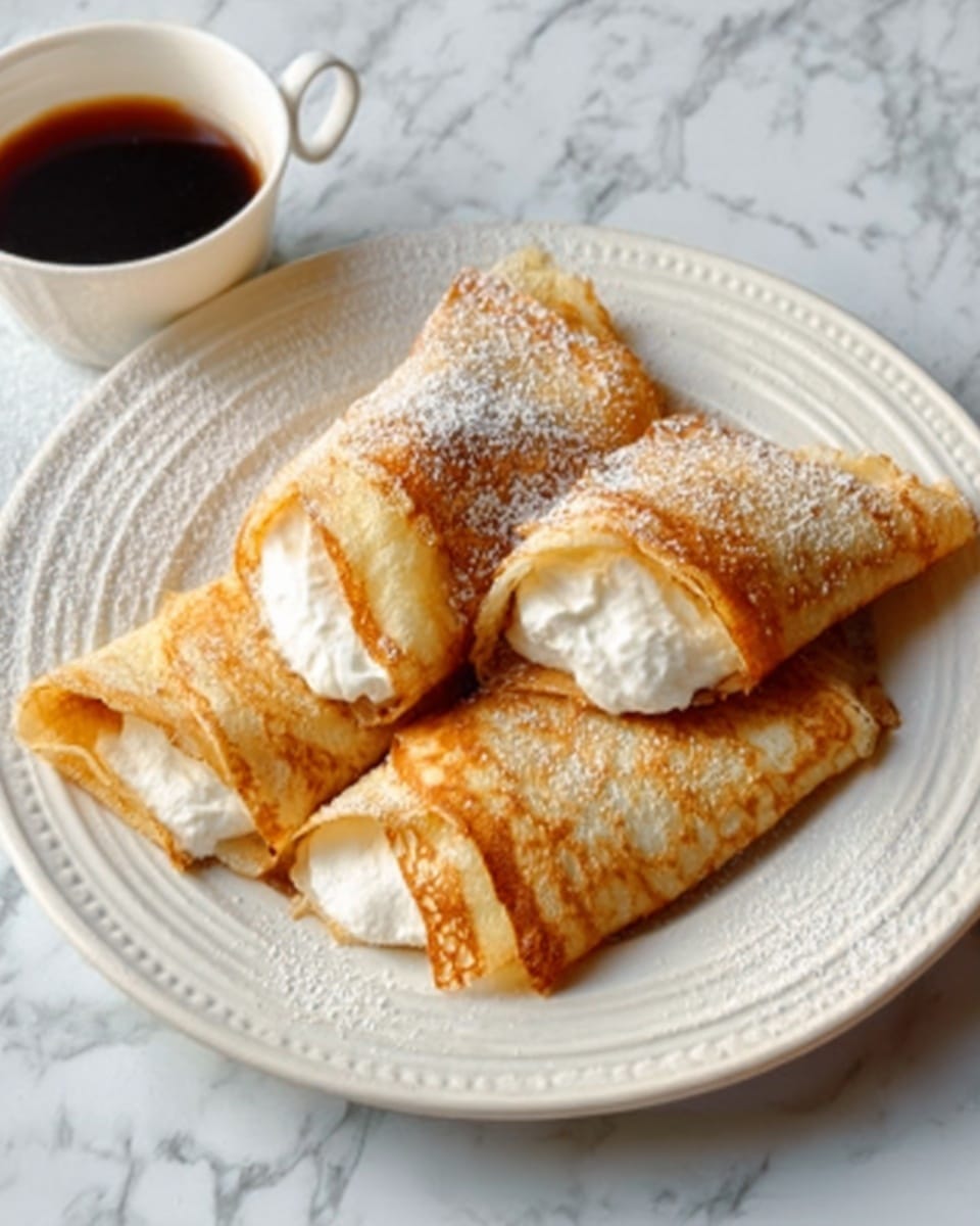 A white plate holds four golden-brown crepes folded into triangles, each with a soft, slightly uneven texture showing light and dark spots from cooking. Between the folds of each crepe, there is a dollop of white whipped cream visible, adding a fluffy contrast. The crepes and cream are sprinkled with fine white powdered sugar, scattered unevenly across their surfaces and the plate. The background is a white marbled texture. photo taken with an iphone --ar 4:5 --v 7