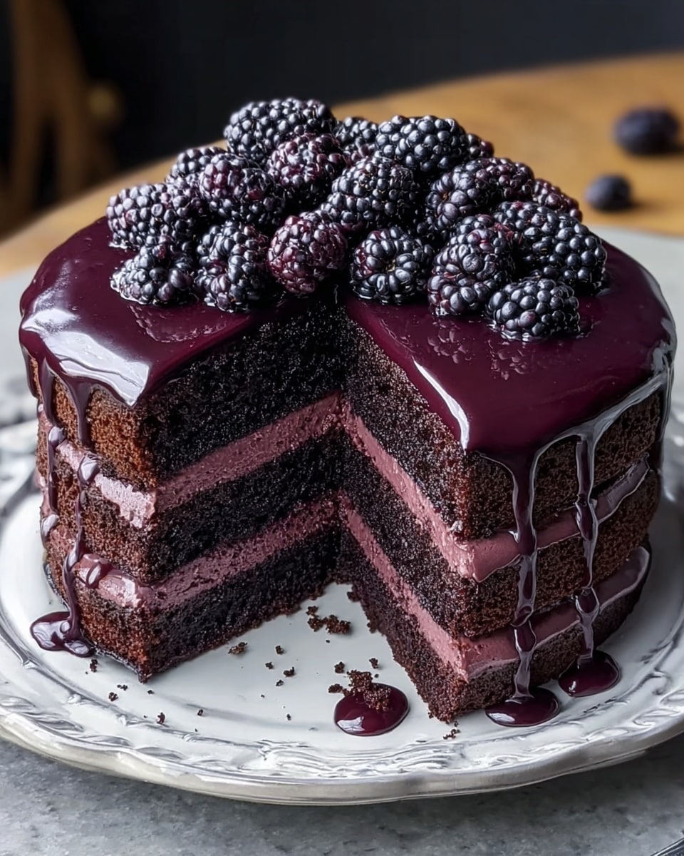 This image shows a two-layer dark chocolate cake with thick, smooth, dark purple filling between the layers. The cake is covered with shiny dark purple glaze dripping down the sides. On top, there is a pile of fresh blackberries, some with a light purple tint, adding texture and color. The cake sits on an ornate white plate with a slight shine, placed on a white marbled textured surface. A small slice is cut out, showing the moist texture of the cake inside. photo taken with an iphone --ar 4:5 --v 7