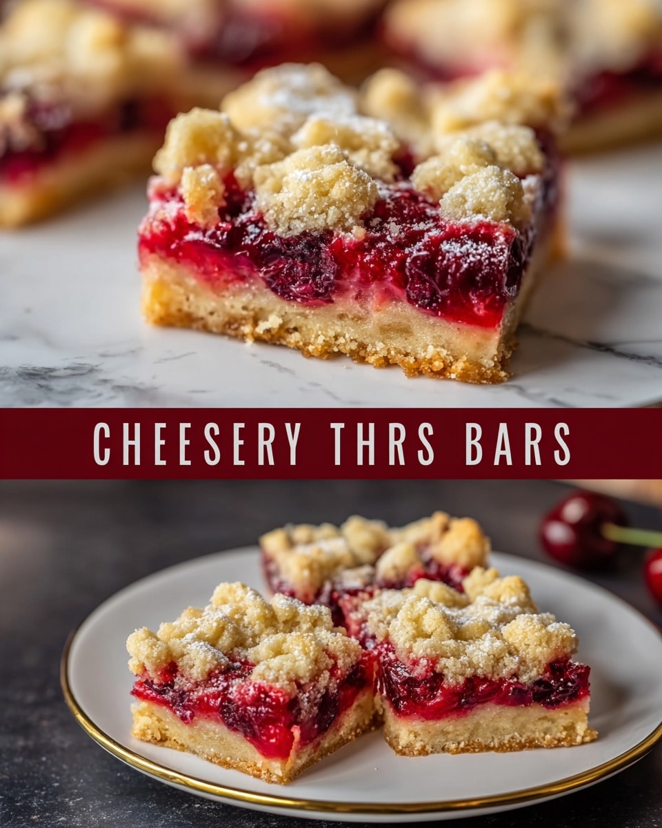 The image shows a close-up of square cherry bars displayed on a white plate with a thin gold rim, placed on a dark surface. Each bar has three clear layers: the bottom crust is golden and crumbly, the middle layer is a bright red cherry filling with visible whole cherries, and the top layer is a scattered crumb topping that is light golden brown with a rough, crumbly texture. The cherry filling looks juicy and slightly glossy, slightly oozing at the edges. Above the plate is a close-up side view of one of the bars, emphasizing its thick crumb crust, the thick cherry layer with whole cherries, and the chunky crumb topping. The background is a white marbled surface. photo taken with an iphone --ar 4:5 --v 7