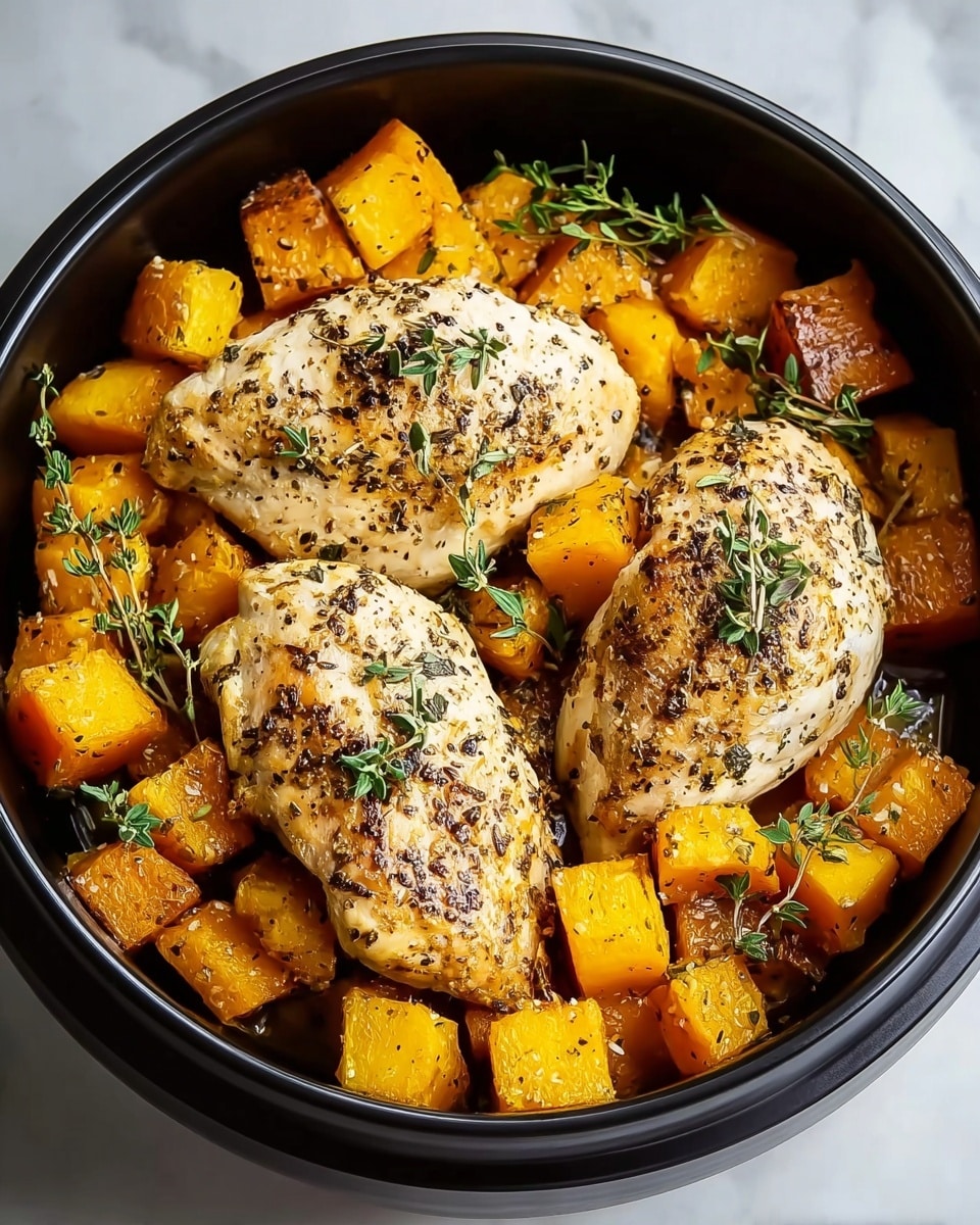The image shows a black round dish filled with three golden-browned chicken breasts, each seasoned with black pepper and small green herb sprigs on top. Around the chicken, there are thick, bright orange-yellow cubes of roasted squash with a slight charred texture on the edges. The dish is garnished with fresh green thyme sprigs scattered evenly. The dish sits on a white marbled texture background. photo taken with an iphone --ar 4:5 --v 7