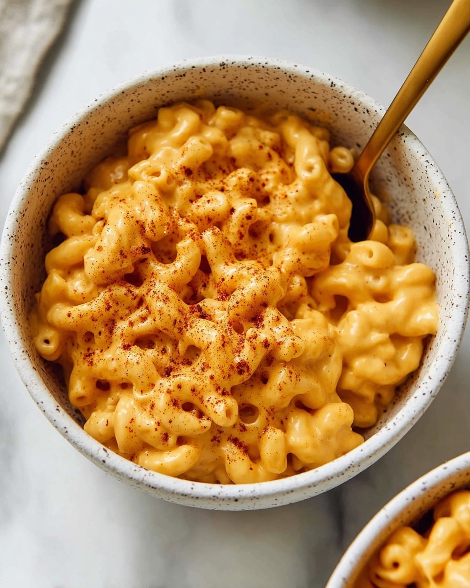 A white speckled bowl filled with creamy macaroni and cheese, showing one layer of elbow pasta covered in thick, smooth, bright orange cheese sauce. The pasta is well coated, with a slight shine indicating creaminess. The top is lightly sprinkled with a reddish-brown spice, evenly distributed. A gold spoon stands inside the bowl on the right side. The bowl sits on a white marbled surface, and you can see part of another bowl with more macaroni at the bottom right corner of the image. photo taken with an iphone --ar 4:5 --v 7
