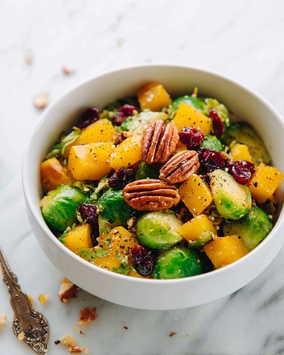 A white bowl filled with a colorful salad shows three main layers: the bottom layer is a mix of halved Brussels sprouts with a light green and slightly browned texture, the middle layer consists of bright orange cubed roasted butternut squash, and the top layer features scattered dark red dried cranberries and whole pecan halves with a natural brown color. The bowl is placed on a white marbled surface with some crushed nuts scattered around, and part of a silver spoon is visible in the lower left corner. photo taken with an iphone --ar 4:5 --v 7