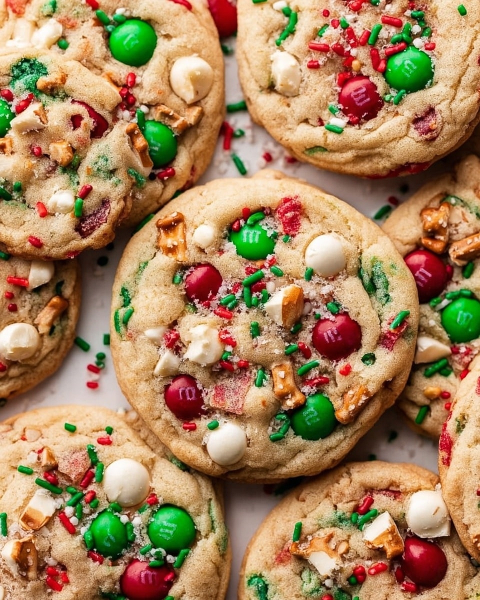 A close-up of a pile of round cookies with a soft, slightly bumpy texture, each cookie decorated with red and green M&M candies, small white chocolate chips, broken pretzel pieces, and red and green sprinkles scattered across the cookie surface, all resting directly on a white marbled texture. The cookies have a golden-brown edge with a lighter tan center, showing a festive mix of colors spread evenly throughout. photo taken with an iphone --ar 4:5 --v 7