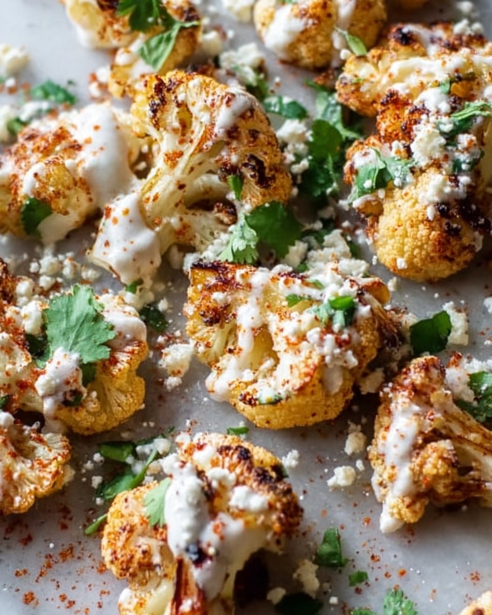 This image shows several pieces of cooked cauliflower with a golden brown color from roasting, spread out on a white surface with a marbled texture. Each cauliflower piece is topped with a creamy, light-colored sauce that is unevenly drizzled. There are small white crumbles, likely cheese, sprinkled over the cauliflower and sauce. Fresh green herbs are scattered on top, adding a bright contrast. Some red seasoning powder is dusted lightly across the dish, giving a pop of color. The scene feels close up, capturing the texture of the crispy cauliflower and the creamy sauce clearly. Photo taken with an iphone --ar 4:5 --v 7