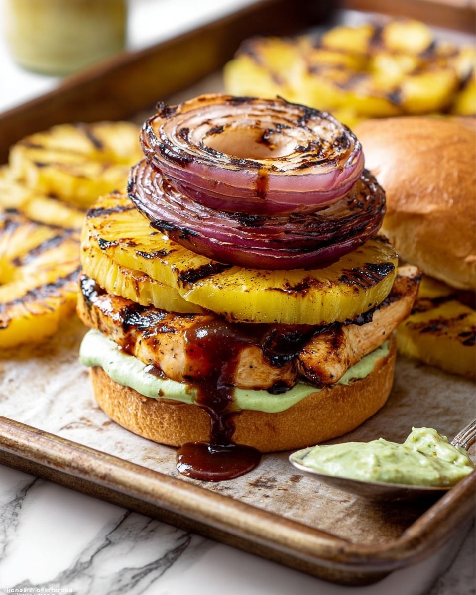 The image shows a sandwich with three main layers inside a lightly toasted bun. The bottom layer is a grilled chicken patty with visible char marks and a glaze of dark barbecue sauce dripping slightly. On top of the chicken patty are two slices of grilled pineapple, golden yellow with grill lines and some caramelized bits. Above the pineapple sits a thick, grilled red onion ring, showing a mix of deep purple and lighter translucent colors with charred edges. The sandwich is topped with a smooth, light green spread, placed on the inside of the top bun. The sandwich sits on a metal tray with more slices of grilled pineapple and red onion around it on a white marbled surface, and a spoon with extra green spread is visible on the bottom right. Photo taken with an iphone --ar 4:5 --v 7