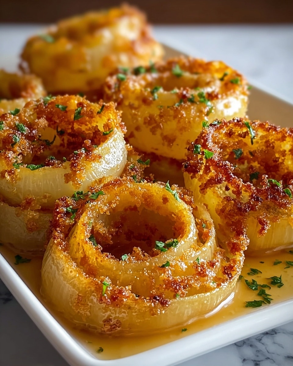 A close-up of several golden-brown fried onion rings, each with two to three visible layers showing crisp, textured edges with small browned bits. The rings sit on a shallow pool of light golden oil in a white rectangular dish. The onion layers inside show a shiny, slightly translucent, soft texture. Light green parsley pieces are scattered on top and around the rings, adding a fresh touch. The dish is placed on a white marbled surface. photo taken with an iphone --ar 4:5 --v 7