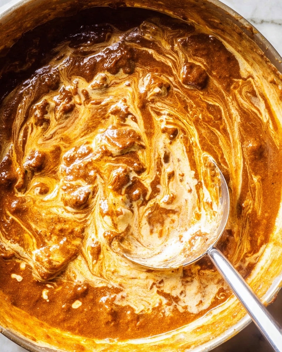 A close-up view of a thick stew in a white pot, showing two main layers: a dark brown rich base with chunks, and a creamy orange swirl mixed on top creating a marbled texture. A metal ladle is partially dipped into the stew, lifting a portion of the orange creamy layer, contrasting with the darker base underneath. The stew looks hearty and textured with a glossy sheen. The background is a white marbled texture. Photo taken with an iphone --ar 4:5 --v 7