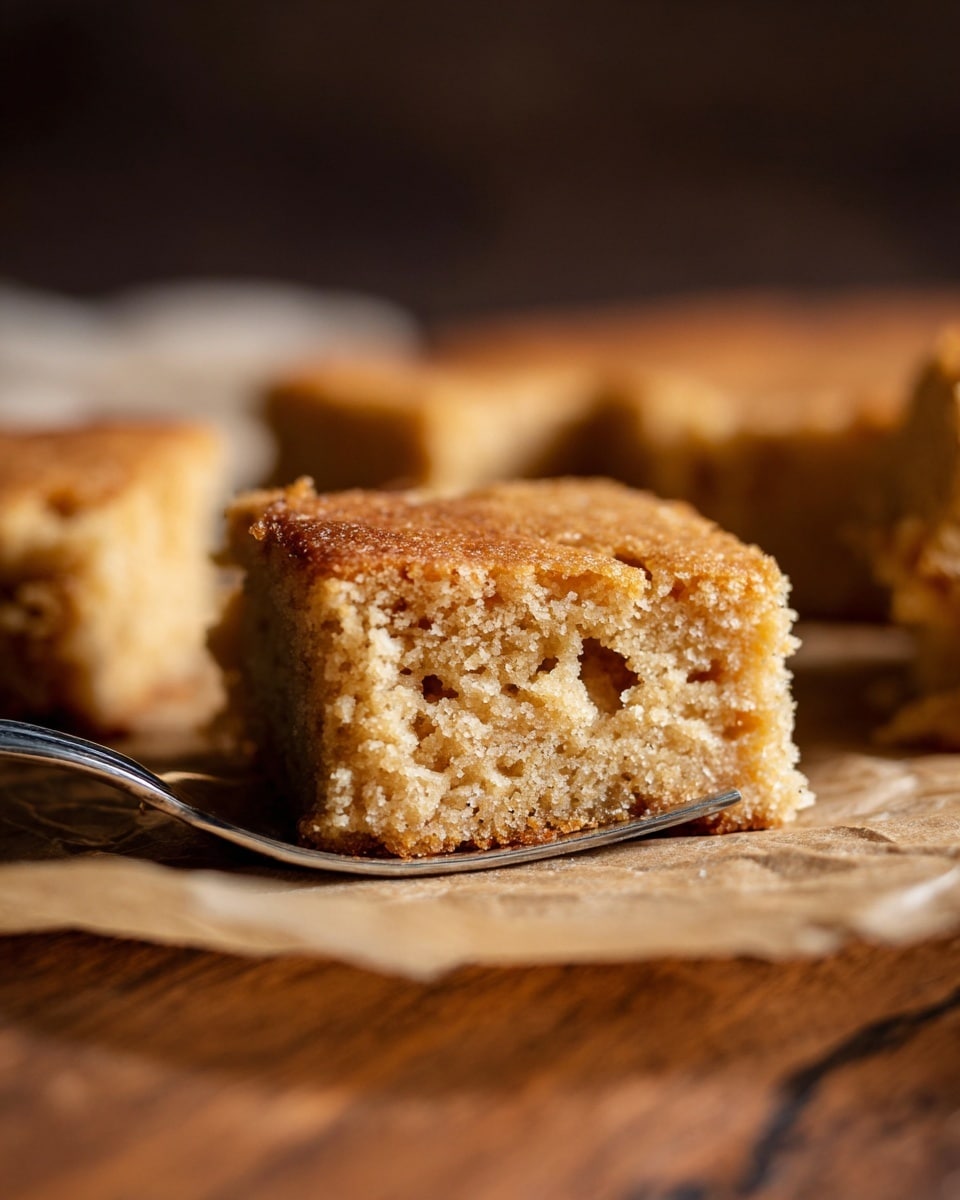 The image shows a close-up of a single square piece of light golden brown cake with a soft and moist crumb texture, resting on rustic brown parchment paper. The cake has a slightly crunchy top layer with a subtle sugar coating. A silver fork is placed beside the slice, holding it gently. In the background, two more pieces of the same cake are slightly blurred. The setting includes a white marbled textured surface beneath the parchment paper and a dark, blurred backdrop. photo taken with an iphone --ar 4:5 --v 7