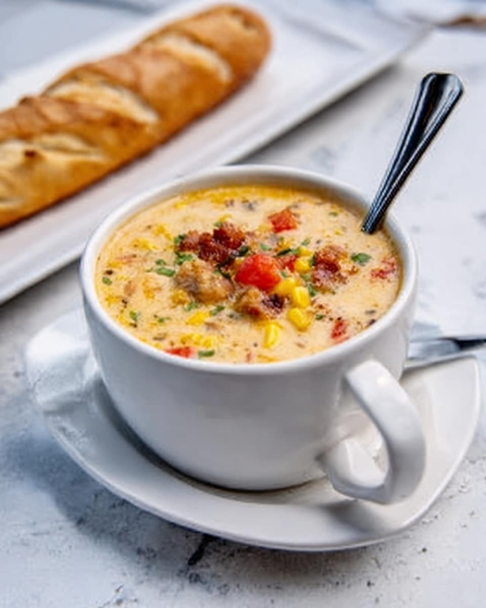 A white cup filled with chunky creamy soup showing layers of yellow corn, beige broth, and pieces of red tomatoes and bits of meat on top, placed on a white saucer shaped with a small indentation holding the cup. Behind this, there's a white rectangular plate on a white marbled surface with a long piece of crusty bread. A spoon is placed inside the soup, angled downward. Photo taken with an iphone --ar 4:5 --v 7