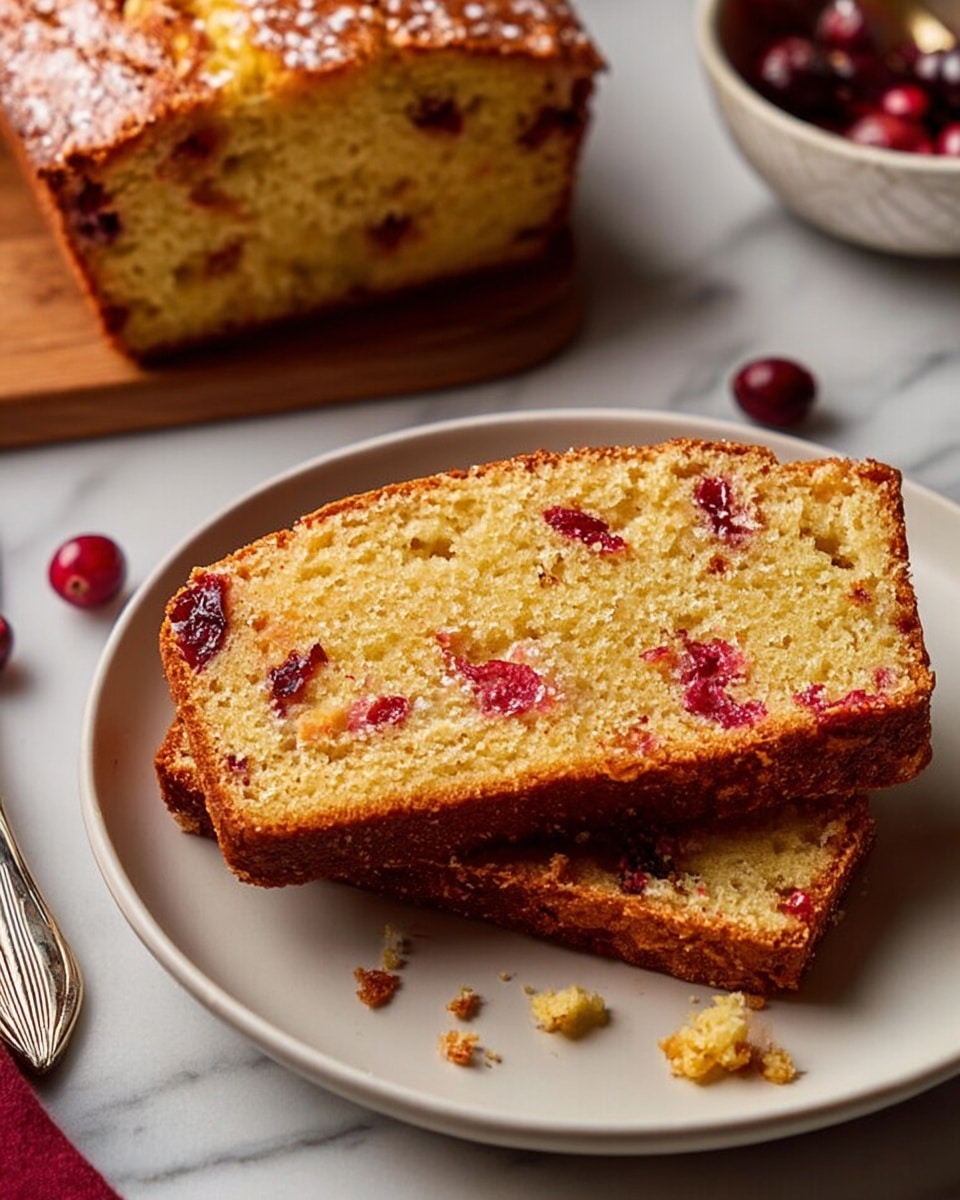 Two slices of golden-brown cranberry bread with a moist texture and visible red cranberry pieces scattered throughout sit on a white plate, which is placed on a white marbled surface. The bread's crust is darker and slightly crispy around the edges. Beside the plate, more of the loaf is partially visible with a shiny, sugary top and a golden crust. A few loose cranberries and crumbs are scattered near the plate, with a silver knife lying nearby, enhancing the cozy and homemade feel of the scene. photo taken with an iphone --ar 4:5 --v 7