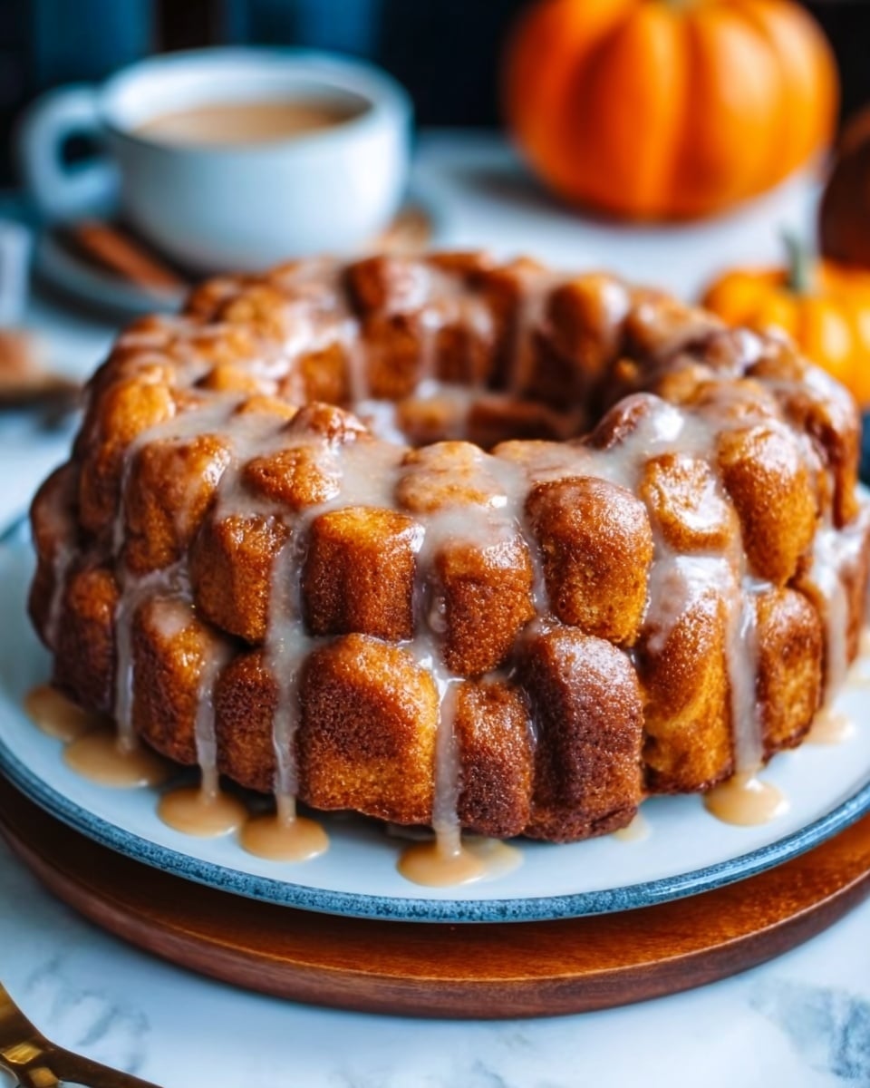 A round bundt cake made of many small, golden-brown dough pieces stuck together, each piece showing a soft, slightly shiny texture. The cake is covered with a light brown glaze that drips slowly down and pools slightly between the dough chunks, making the top and sides glisten. The cake sits on a white plate with a blue rim, placed on a wooden board that contrasts with the white marbled texture surface below. In the background, there is a blurry orange pumpkin and a cup of coffee. The scene is cozy and warm, photo taken with an iphone --ar 4:5 --v 7