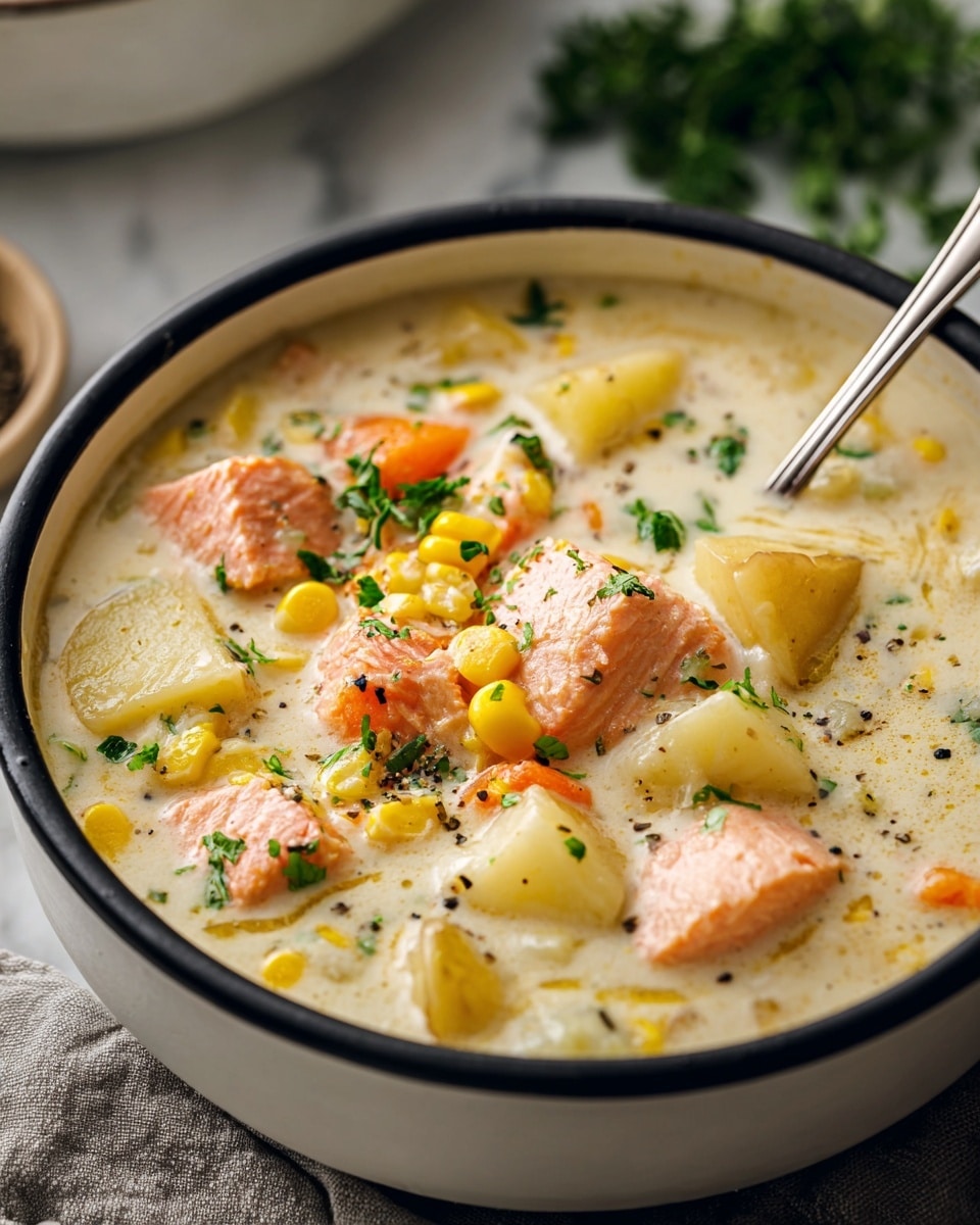 A close-up view of a creamy soup served in a white bowl with a black rim, filled with chunky layers of pink-orange salmon pieces, bright yellow corn kernels, and pale white potato cubes, all swimming in a light beige, slightly thick broth dotted with green parsley bits and black pepper specks; a silver spoon rests inside the bowl, and the bowl sits on a grey cloth with blurred green herbs in the background on a white marbled surface. photo taken with an iphone --ar 4:5 --v 7
