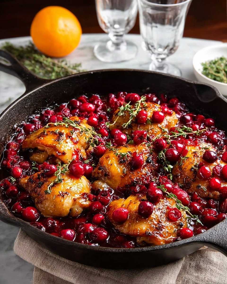 The image shows a black cast iron skillet filled with golden brown cooked chicken thighs, each piece topped with bright red cooked cranberries. The cranberries surround the chicken, creating a thick red sauce pooling at the bottom of the skillet. Sprigs of fresh green thyme are laid on top of the chicken pieces, adding a touch of green color. The skillet is placed on a beige cloth over a white marbled surface. In the background, there is a halved orange, two clear glasses, and a small white bowl with some green herbs. photo taken with an iphone --ar 4:5 --v 7