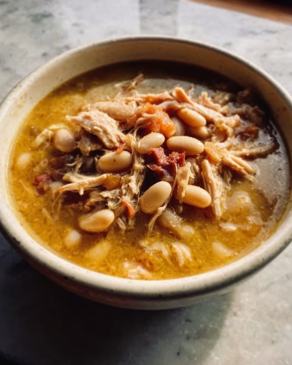 A white bowl filled with soup containing large white beans, shredded meat, and small bits of vegetables in a thick yellowish broth, placed on a white marbled surface. The texture of the soup looks hearty and chunky with visible pieces of meat and beans swimming in the rich liquid, giving a warm and comforting feel. photo taken with an iphone --ar 4:5 --v 7