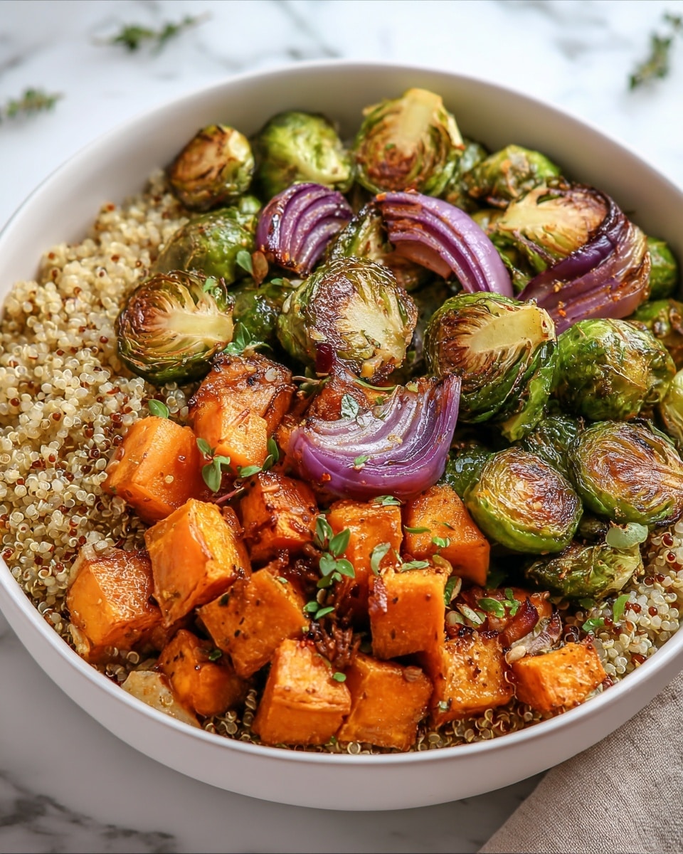 A white bowl is filled with three main layers: the bottom layer is a fluffy bed of light brown quinoa with tiny white seeds, the middle layer holds bright orange roasted sweet potato cubes with caramelized edges, and the top layer shows green roasted Brussels sprouts, some halved to reveal a slightly charred inner texture, along with thin purple-red slices of roasted onion scattered throughout. Small sprinkles of green herbs are visible on top, adding a fresh touch. The bowl rests on a white marbled surface. photo taken with an iphone --ar 4:5 --v 7