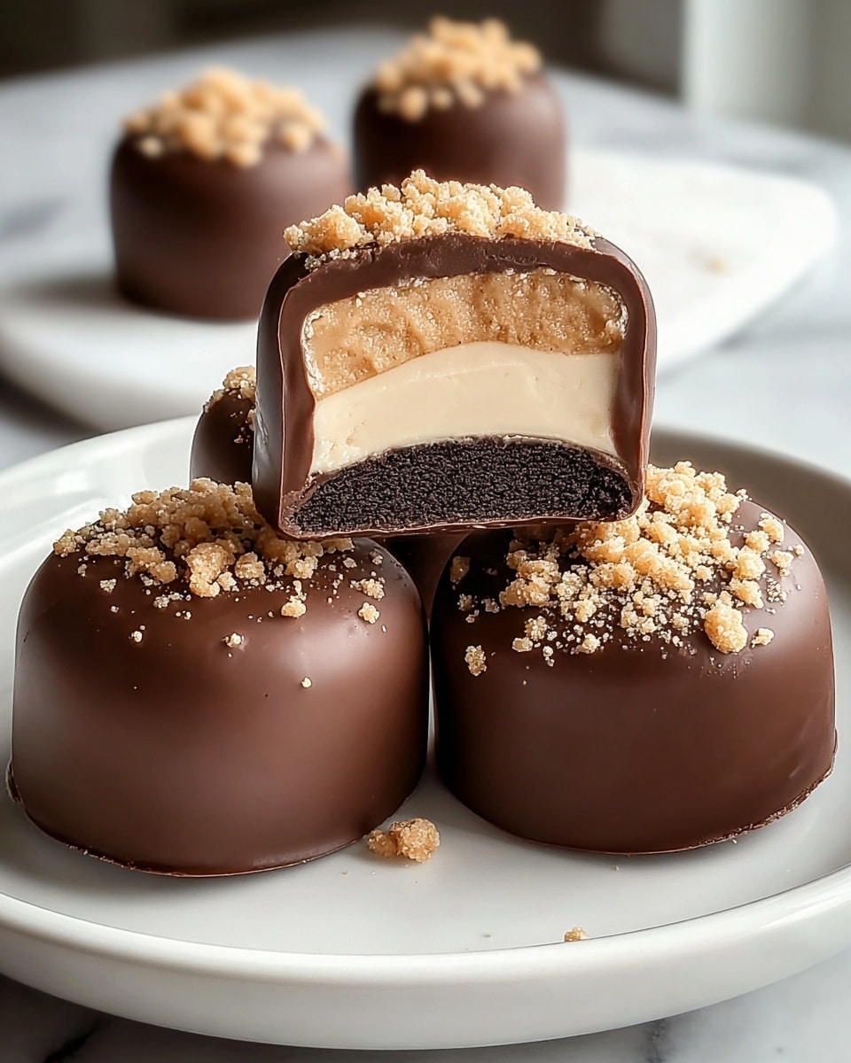 The image shows four round chocolate-covered treats on a white plate with a white marbled texture underneath. Three whole treats are smooth and shiny with a layer of small light brown crumbs sprinkled on top, giving a crumbly texture. One treat is cut in half and balanced on top of the others, revealing three layers: a dark brown crunchy base on the bottom, a thick creamy beige middle layer, and a smooth milk chocolate coating covering the outside. The top crumb layer shines softly in the light. photo taken with an iphone --ar 4:5 --v 7