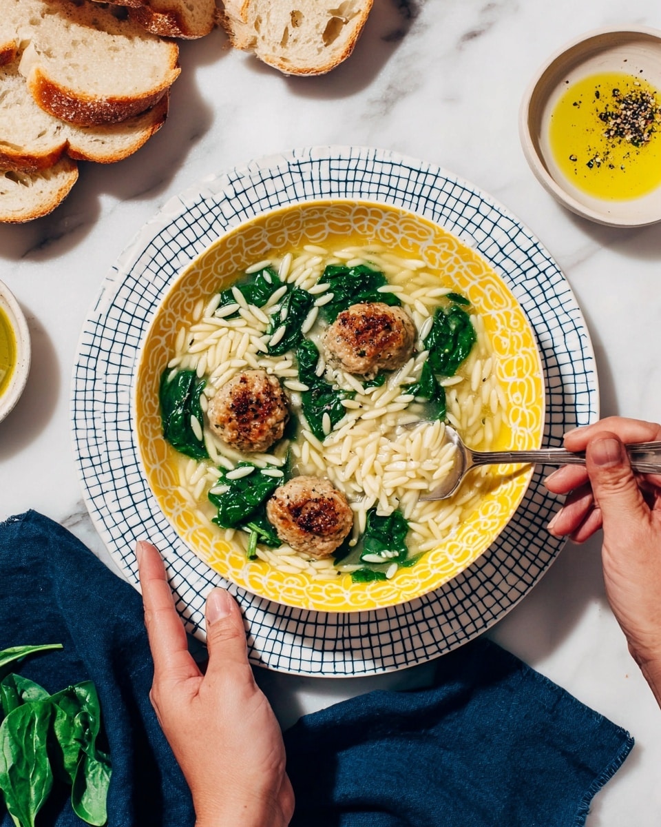A bowl with a yellow patterned rim holds a clear broth with white orzo pasta, bright green spinach leaves, and small brown meatballs scattered evenly on top. The bowl sits on a white plate with a navy blue grid pattern, placed on a white marbled surface. A woman's left hand holds the bowl from the side, while her right holds a spoon lifting some orzo and broth. Around the bowl, there are fresh spinach leaves on a white plate, two toasted bread slices, a white bowl of yellow soup topped with black pepper, and a textured clear glass of water to the right. A dark blue cloth napkin is under the bowl. photo taken with an iphone --ar 4:5 --v 7