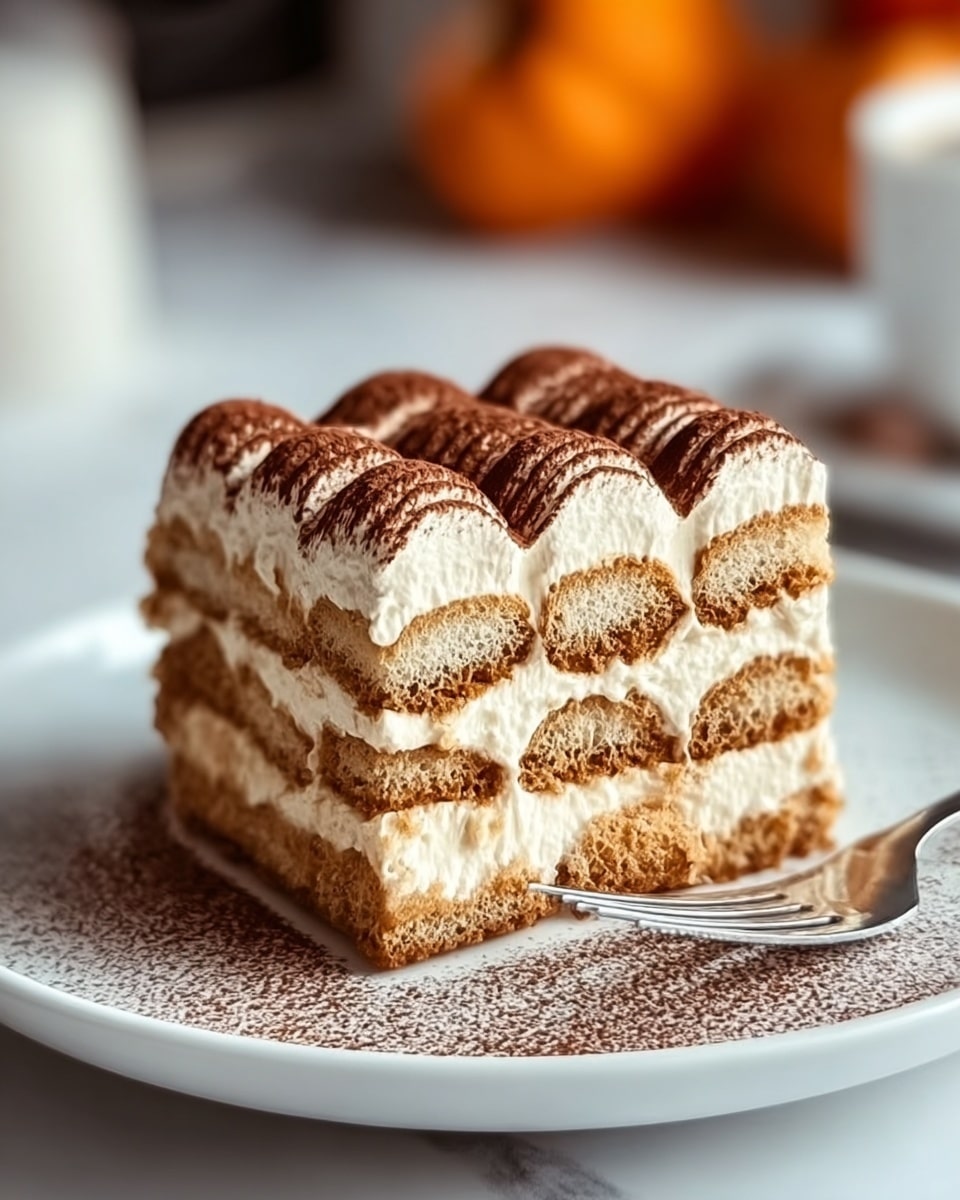 A close-up view of a square piece of tiramisu cake on a white plate with a silver fork resting beside it. The tiramisu has four visible layers of light brown soaked ladyfingers alternating with thick creamy off-white mascarpone layers. The top layer is smooth cream with a dusting of dark brown cocoa powder, which also lightly decorates the plate around the tiramisu. The background shows blurred orange pumpkins on a white marbled surface. photo taken with an iphone --ar 4:5 --v 7