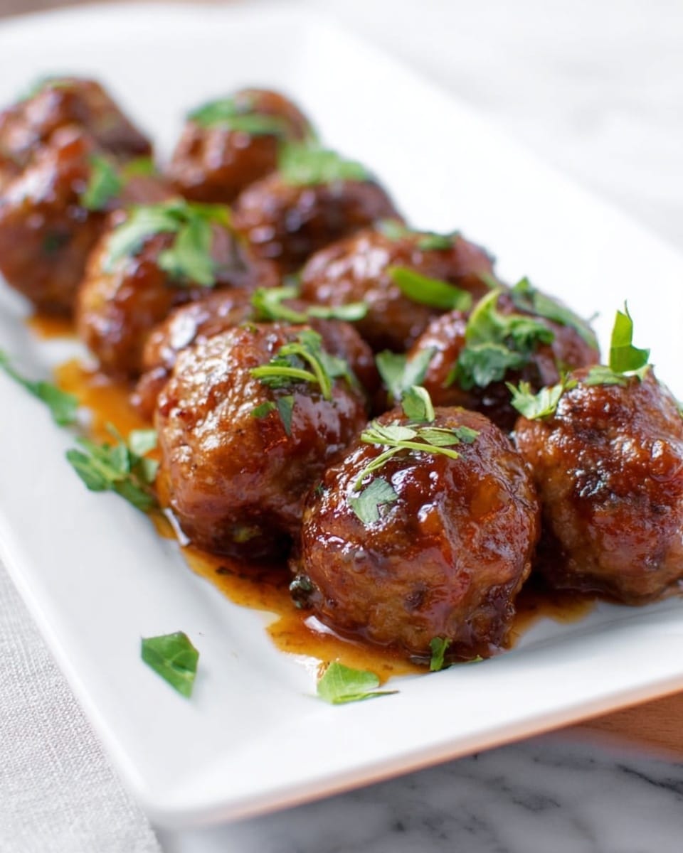 The image shows a white rectangular plate filled with about a dozen shiny, brown meatballs covered in a glossy sauce. The meatballs are slightly uneven in shape with a rich sauce coating that appears sticky and thick. Small green herbs are sprinkled on top of the meatballs, adding a fresh touch of color. The plate rests on a white marbled surface, and the background is softly blurred to keep the focus on the meatballs. photo taken with an iphone --ar 4:5 --v 7