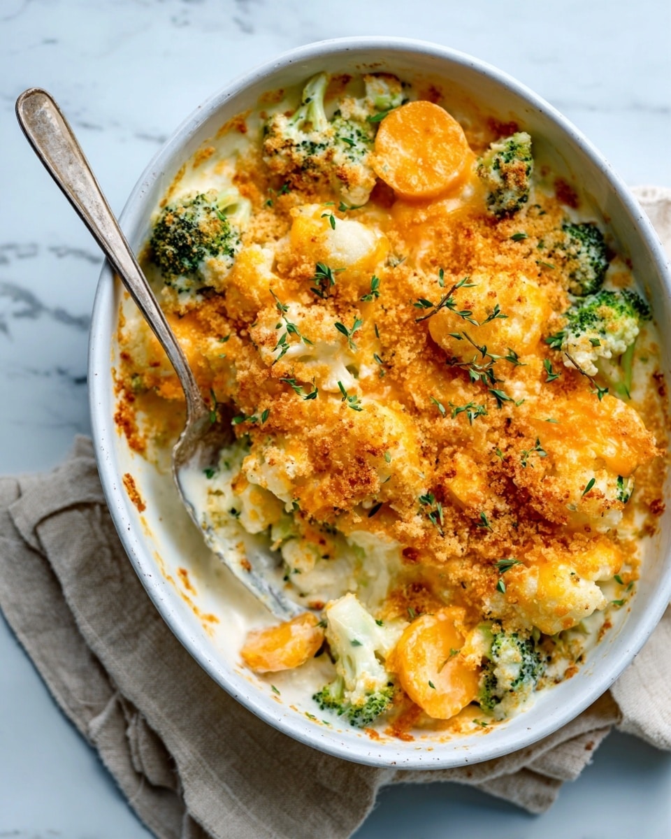 A white bowl is filled with a creamy vegetable bake showing about three layers: at the bottom are tender white cauliflower florets, above them are bright green broccoli pieces mixed with small, soft orange carrot cubes covered in a white creamy sauce, and the top layer is golden brown toasted breadcrumbs with melted orange cheddar patches and scattered green herb bits. A silver fork rests on the edge of the bowl against a white marbled surface with a soft beige cloth nearby. photo taken with an iphone --ar 4:5 --v 7