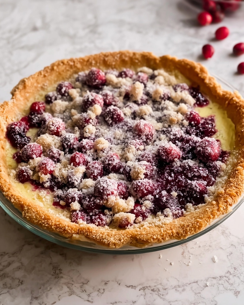 A round pie on a clear glass plate with a thick, golden-brown crust sprinkled with light crumbs. The pie’s filling has a dark purple jam layer beneath a crumbly pale topping. On top, there are several bright red and purple sugared berries, some clustered and some spread out, dusted in white sugar crystals, adding texture and color contrast. The pie is set on a white marbled surface with extra sugared berries scattered around. Photo taken with an iphone --ar 4:5 --v 7