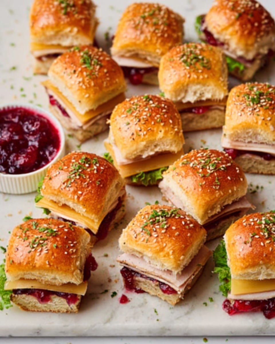 The image shows a white wooden board on a white marbled surface, holding ten small square sandwiches in two rows. Each sandwich has a golden brown sesame seed top bun, followed by layers of white bread, green leafy lettuce, a slice of light yellow cheese, thinly sliced turkey or chicken, and dark red cranberry sauce, with small green herbs sprinkled on top. To the bottom right of the board, there is a white bowl filled with chunky red cranberry sauce with visible whole cranberries. The photo is taken with a woman's hand slightly touching the top left sandwich. Photo taken with an iphone --ar 4:5 --v 7