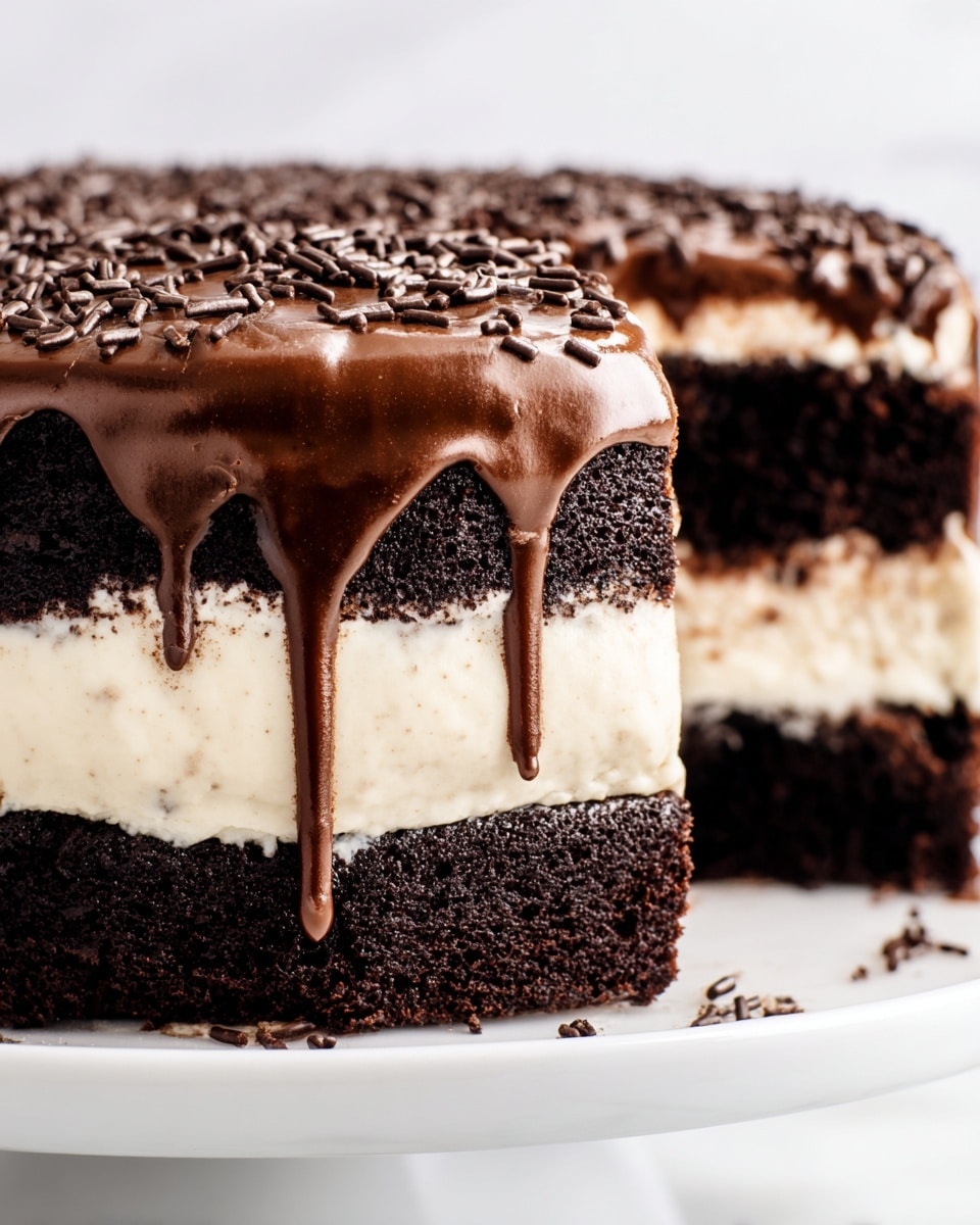 A close-up view of a two-layer chocolate cake with thick creamy white frosting between and around the layers. The cake layers are dark brown and moist. The top is covered in a shiny chocolate glaze that drips slightly down the sides, with chocolate sprinkles scattered on top and around the edge. The cake sits on a white plate, placed on a white marbled surface. photo taken with an iphone --ar 4:5 --v 7