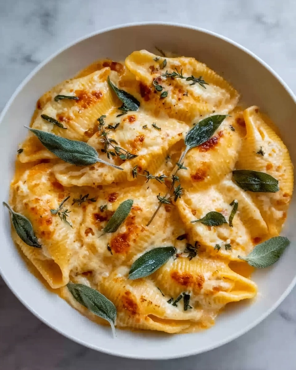 The image shows a white round bowl filled with a creamy orange pasta dish. The pasta shells are large and stuffed, covered with a smooth, cheesy sauce that looks slightly baked on top with light brown spots. Scattered on top are fresh green herbs, possibly sage leaves, adding a touch of color and texture. The dish fills the bowl close to the edges, and the background is a white marbled texture. photo taken with an iphone --ar 4:5 --v 7