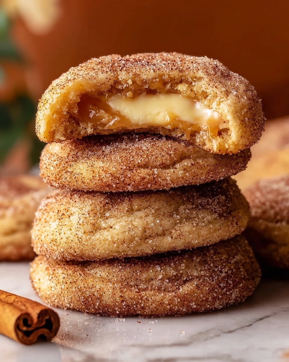 A close-up view of a stack of four soft snickerdoodle cookies covered in a cinnamon sugar coating with a white sugary texture on top. The top cookie is bitten to reveal a thick, creamy caramel-like center layer with a smooth and shiny texture, sandwiched between two golden-brown cookie layers with a slightly crumbly texture. The stack sits on a white marbled surface, with a cinnamon stick in the lower left corner and a blurred background with warm brown tones. Photo taken with an iphone --ar 4:5 --v 7