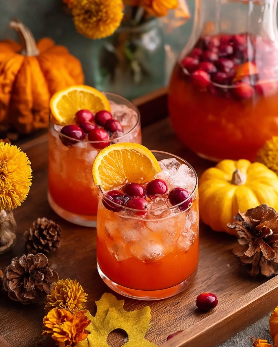 Two short clear glasses filled with a reddish-orange drink, each glass layered with ice cubes, floating red cranberries, and a bright orange slice placed on the rim. The glasses sit on a round wooden tray surrounded by small yellow pumpkins, pinecones, a yellow pom-pom flower, and brown leaves. The scene is warm and festive with rich autumn colors on a white marbled surface. photo taken with an iphone --ar 4:5 --v 7