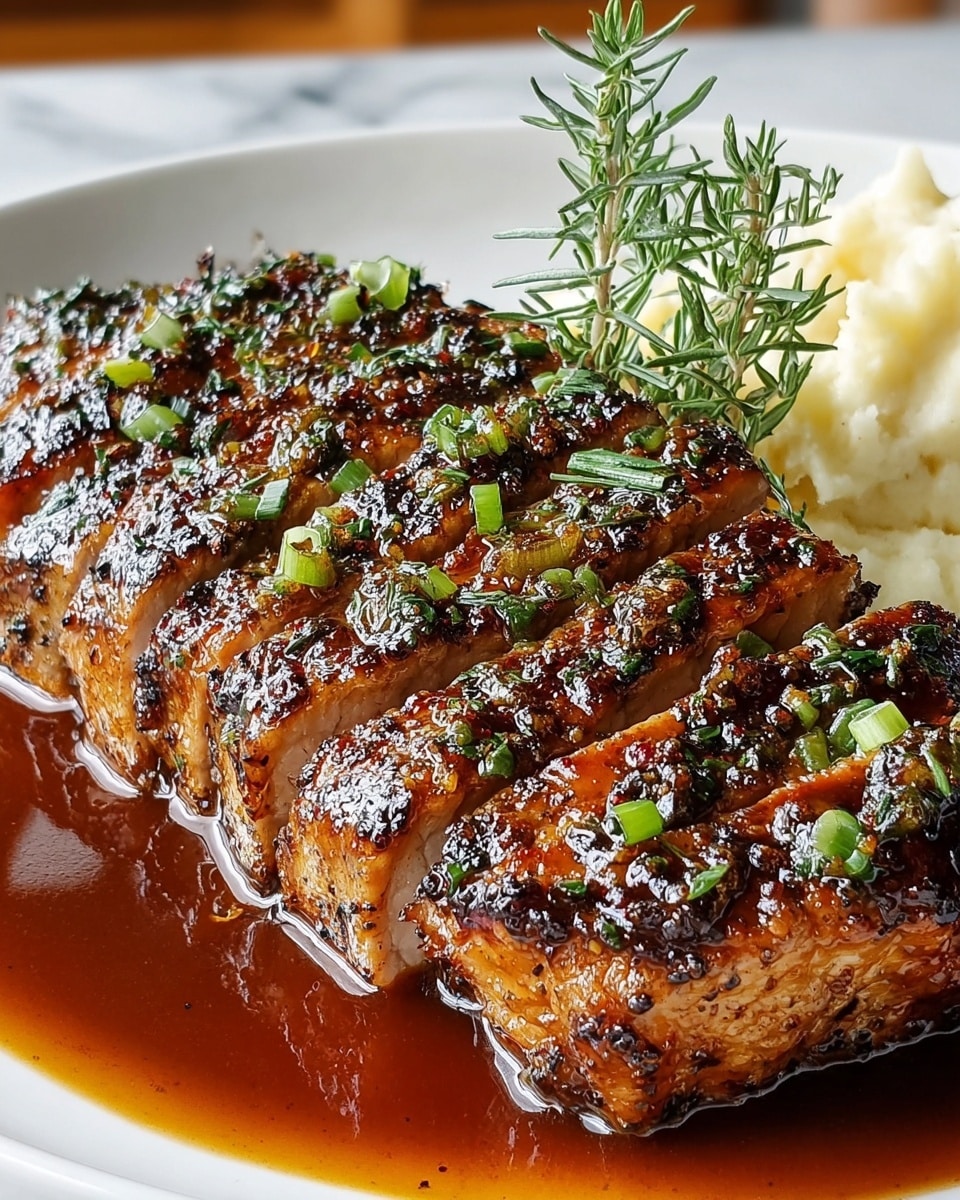 A close-up view of a thick, juicy piece of roasted meat sliced into five layers, each layer showing tender, moist inside with a dark, crispy, caramelized crust on top. The meat is covered in a glossy, rich brown sauce that pools around it on a white plate. Bright green chopped herbs are sprinkled over the meat, adding freshness, and a small fresh thyme sprig rests on top. In the background to the right, there is a small portion of creamy mashed potatoes. The scene is set on a white marbled texture surface. photo taken with an iphone --ar 4:5 --v 7