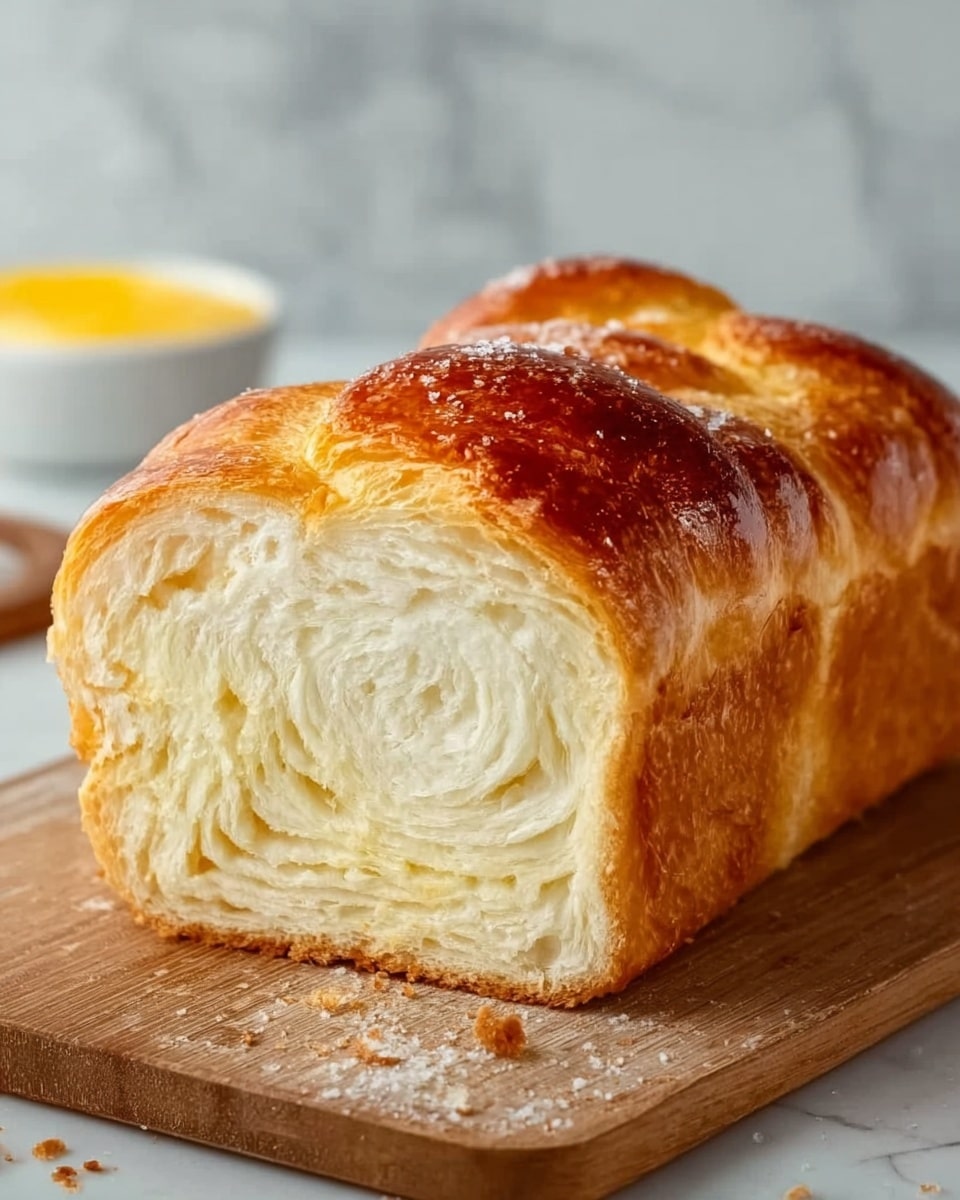 The image shows a single loaf of fluffy bread with a shiny, golden-brown crust. The bread is cut in half, revealing a soft, light, and airy inside with a swirl pattern of white layers. The loaf sits on a wooden board, with some crumbs scattered around. The background is a white marbled texture with a small white bowl filled with a yellow substance in the top left corner. photo taken with an iphone --ar 4:5 --v 7