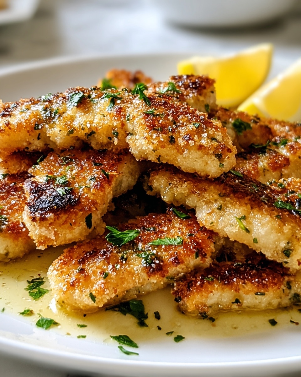 The image shows a close-up of several golden-brown, crispy fish fillets stacked on a white plate. Each fillet has a crunchy, textured coating with visible herbs like parsley sprinkled on top, adding green color contrasts. The fillets have charred spots where they have been cooked well, and they sit in a light pool of melted butter or oil, which gives a shiny surface. A wedge of lemon with a bright yellow color is placed at the edge of the plate in the background, slightly out of focus, on a white marbled surface. photo taken with an iphone --ar 4:5 --v 7
