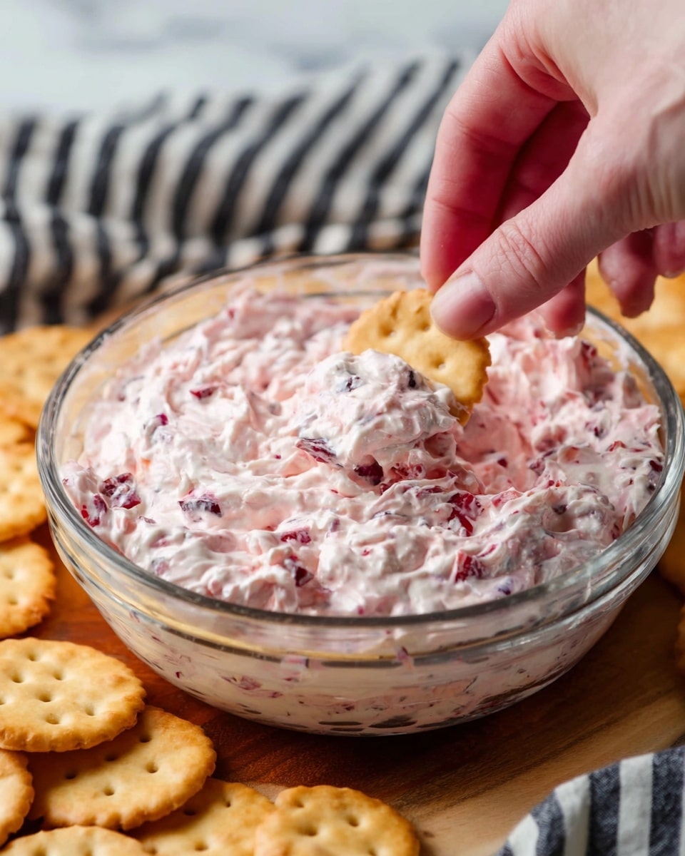 A clear glass round dish filled with a thick, creamy pink dip that has visible small chunks of red and purple mixed throughout, giving it a textured look. The dish sits on a wooden board placed over a white marbled surface partially covered by a black and white striped cloth. Around the dish, there are light golden round crackers, with one cracker dipped into the pink mixture being held by a woman's hand on the right side of the image. The dip looks soft and rich, contrasting with the smooth, shiny surface of the glass dish. photo taken with an iphone --ar 4:5 --v 7
