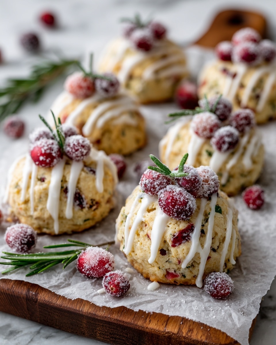 A group of soft, round cookies are arranged on white crinkled parchment paper on a wooden board, each cookie topped with a drizzle of white icing that creates thin, irregular lines across the surface. Each cookie has clusters of red cranberries embedded on top, some with a light dusting of powdered sugar giving a frosted look, accompanied by small green sprigs of rosemary adding a fresh touch. The cookies show a textured, golden-brown base with hints of red from the cranberries baked inside. Scattered sugared cranberries and rosemary sprigs lie both on the paper and around the cookies, creating a festive, wintery feel. The background is a white marbled texture. photo taken with an iphone --ar 4:5 --v 7