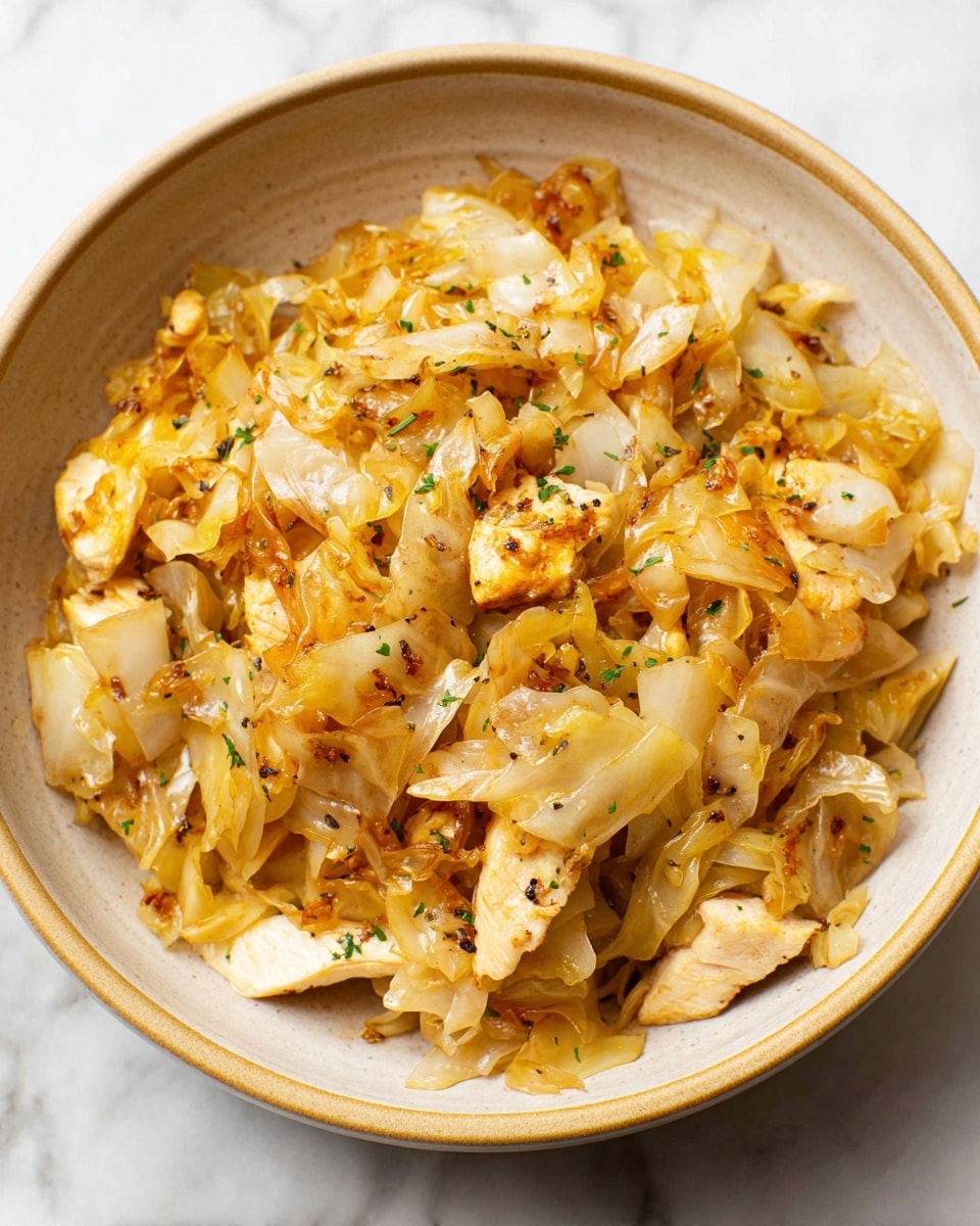 A close-up of a beige bowl filled with cooked cabbage and small pieces of chicken. The dish has two main layers: the base layer consists of light yellow to golden-brown cooked cabbage strips, soft and slightly translucent, scattered evenly throughout. The second layer is pieces of white to light golden chicken, lightly browned on the edges, mixed in with the cabbage. The whole dish is sprinkled with tiny green herb bits and visible black pepper specks. The bowl sits on a white marbled surface photo taken with an iphone --ar 4:5 --v 7