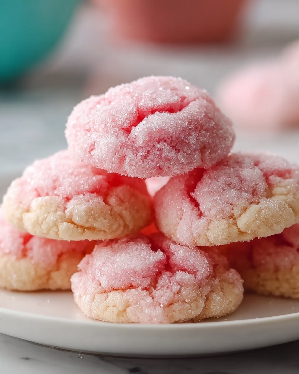 The image shows a close-up of several small cookies stacked in a pile on a white plate. Each cookie has two layers: the bottom layer is a light beige, smooth and slightly crumbly base, while the top layer is a soft, pink, cracked, and rough-textured mound covered in coarse white sugar crystals giving it a frosty look. The cookies are set against a white marbled surface with blurred background colors that make the pink tops stand out. photo taken with an iphone --ar 4:5 --v 7