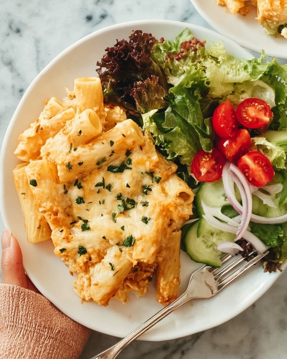 The image shows a white plate with two main parts: on the left is a cheesy pasta bake, with one layer of rigatoni pasta covered in a melted, creamy light orange cheese sauce, sprinkled with small green herbs, and the pasta looks soft and tender; on the right side of the plate is a fresh salad made of bright green lettuce leaves, deep red cherry tomato halves, slices of pale cucumber, and thin rings of purple onion, all resting on a white marbled surface. photo taken with an iphone --ar 4:5 --v 7