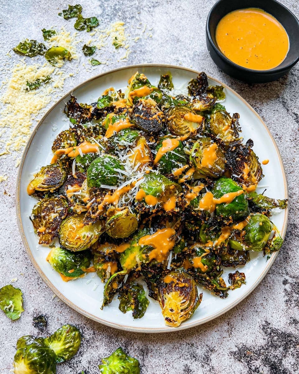 A white plate filled with roasted Brussels sprouts, some halves and some whole, mostly dark brown with crispy edges and bright green parts, covered in an orange creamy sauce drizzled unevenly on top, and sprinkled with grated white cheese. Around the plate on a white marbled surface, a few loose leaves of Brussels sprouts and scattered grated cheese are visible. In the upper left corner, there is a small white bowl with more of the orange sauce. photo taken with an iphone --ar 4:5 --v 7