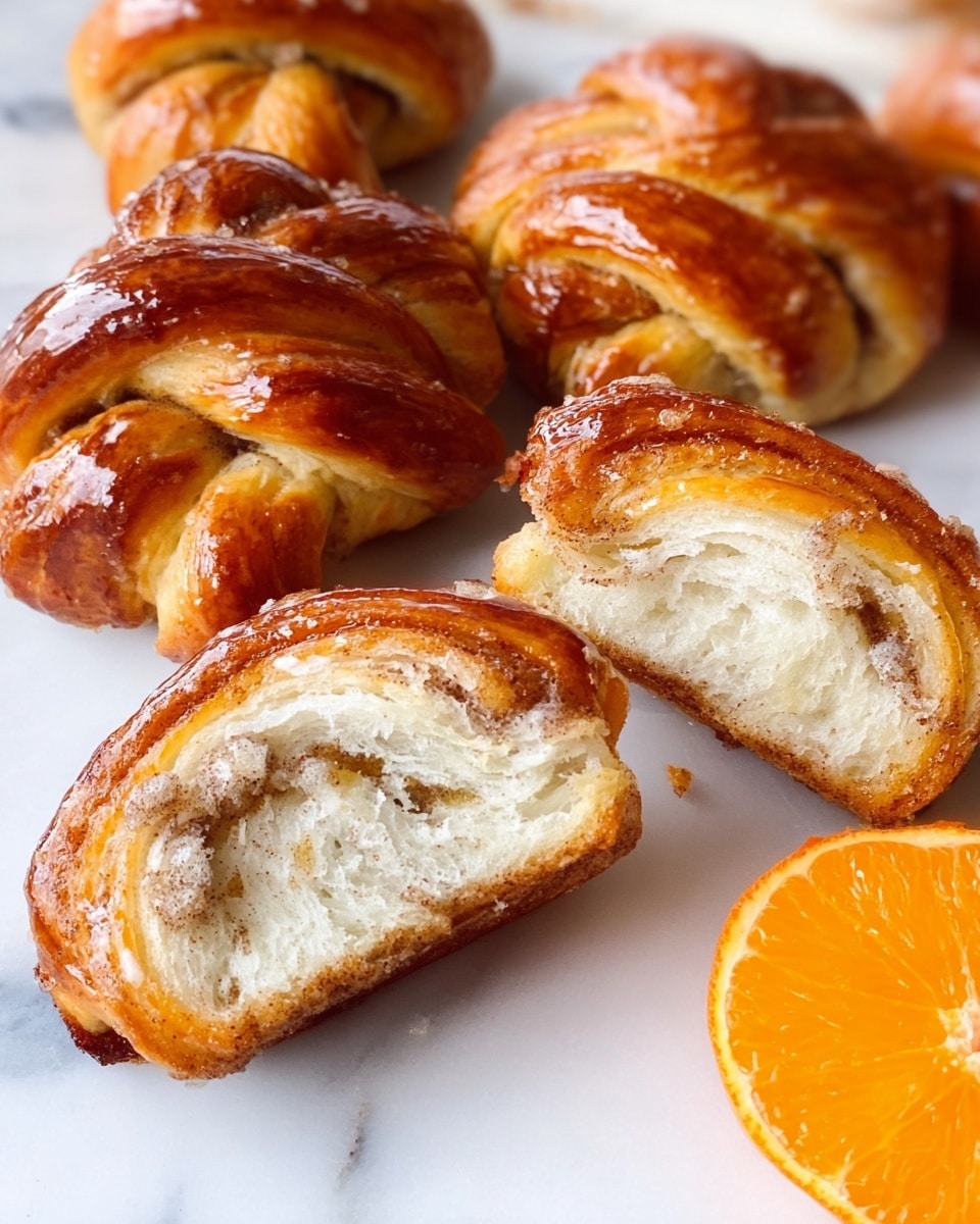 The image shows several golden-brown, glossy twisted pastries with a shiny surface that suggests a sugary glaze. Three of the pastries are whole, with a soft texture and visible twists creating layers of dough and cinnamon specks inside. One pastry is cut in half to reveal a fluffy, white inside with swirls of cinnamon sugar spread through two main layers. The pastries rest on a white marbled surface. On the right side of the image, there is a bright orange half of a mandarin or small orange, adding a pop of color. The overall look is warm, fresh, and inviting. photo taken with an iphone --ar 4:5 --v 7