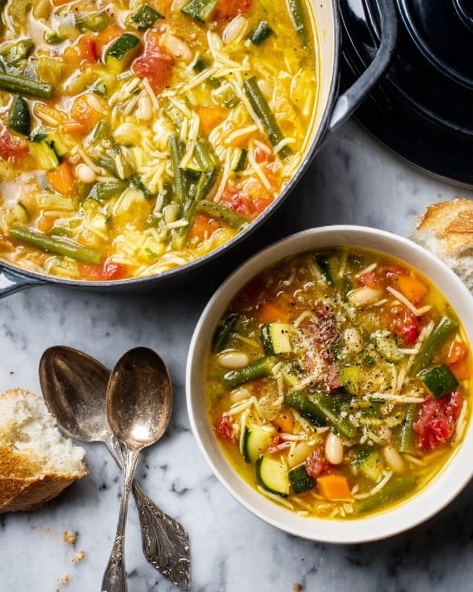 The image shows a large white pot filled with vegetable soup that has clear yellow broth and many colorful vegetables including green beans, diced zucchini, and chunks of red tomato, with thin pasta strands visible throughout. Next to the pot, there is a white bowl filled with the same soup, showing a mix of white beans, green beans, diced carrots, and a sprinkle of black pepper on top. Two silver spoons rest beside the bowl on a white marbled surface with a few pieces of torn bread nearby. The pot lid is black and placed behind the pot. photo taken with an iphone --ar 4:5 --v 7