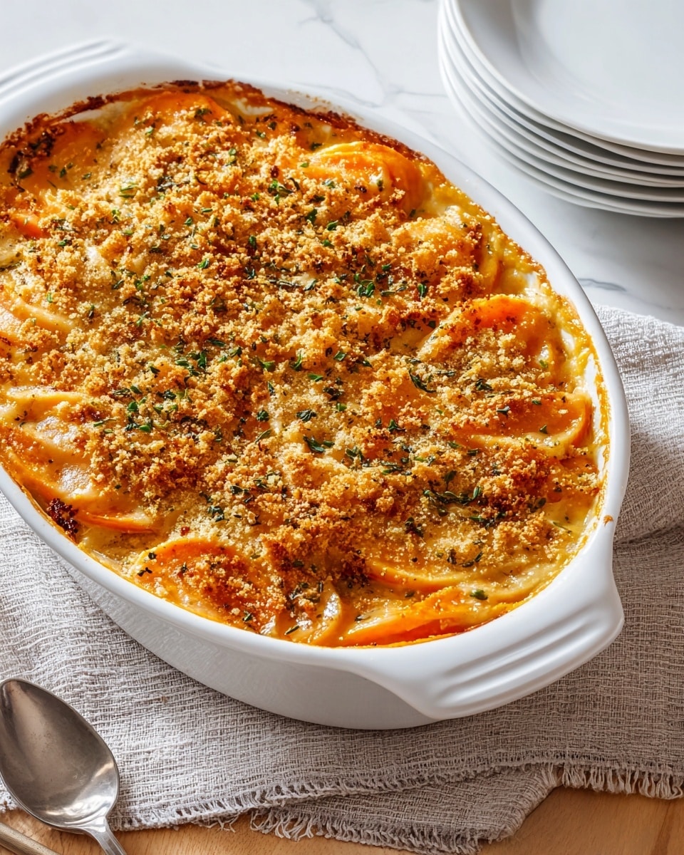 The dish is a baked casserole in a white oval ceramic dish with a golden brown crust top layer made from crispy breadcrumbs and herbs, slightly uneven and textured. Underneath, there is a creamy orange sauce covering layers of peeled and evenly cut sliced sweet potatoes, visible in curved shapes arranged in overlapping rows, with a smooth and slightly glossy sauce binding them together. The edges of the dish show the sauce bubbling and slightly caramelized, adding depth to the golden tones. The dish is placed on a white marbled textured cloth with a silver spoon on the side. Some empty white plates are stacked nearby. photo taken with an iphone --ar 4:5 --v 7