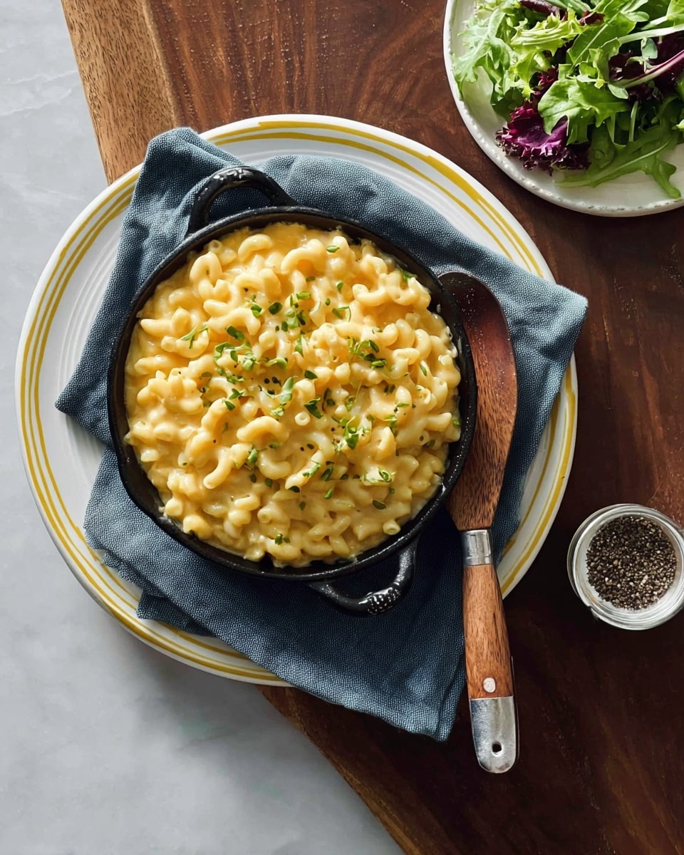 A black cast iron dish filled with creamy yellow macaroni and cheese sits on a folded blue cloth napkin, placed on a white plate with yellow stripes around the edge; the macaroni is topped with small bits of green herbs. The plate rests on a white marbled surface floor. In the top right corner, a small white plate holds fresh salad greens in various shades of green and purple. Near the bottom right, a small round bowl contains coarse black pepper. A wooden-handled spoon is placed inside the cast iron dish, its handle resting on the edge of the plate. photo taken with an iphone --ar 4:5 --v 7