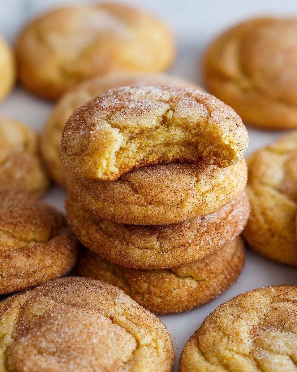 A close-up view of a stack of soft, round cookies with a cracked top texture, light golden brown in color with a dusting of granulated sugar and cinnamon powder on top. The cookies appear thick and chewy with a slightly darker golden edge. The background shows more cookies spread out over a white marbled surface, giving a cozy, homemade feeling. photo taken with an iphone --ar 4:5 --v 7