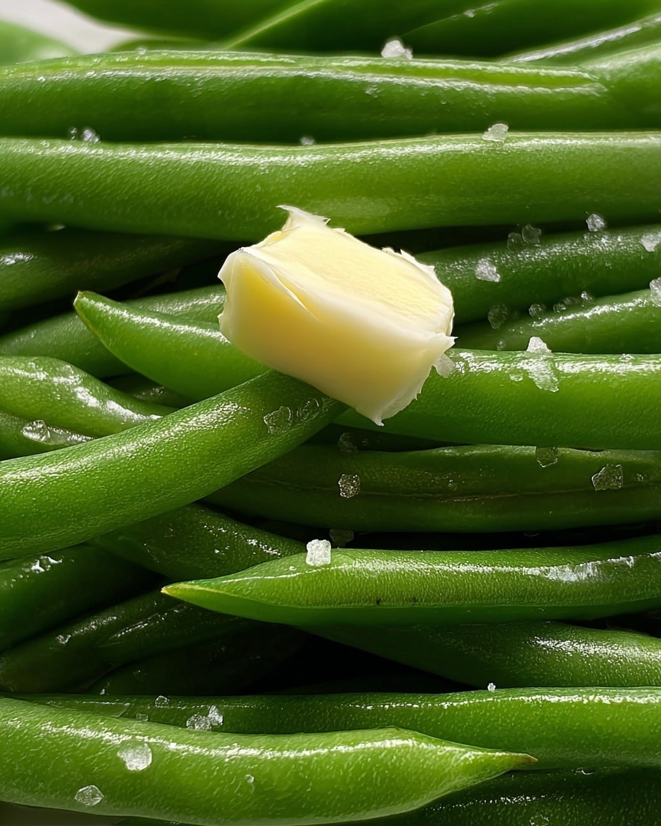 A close-up of bright green steamed green beans stacked in a small pile with a small, soft dollop of pale yellow butter sitting on top in the center, the beans glisten with moisture and tiny grains of salt are visible on their surface, all set against a white marbled texture background. photo taken with an iphone --ar 4:5 --v 7