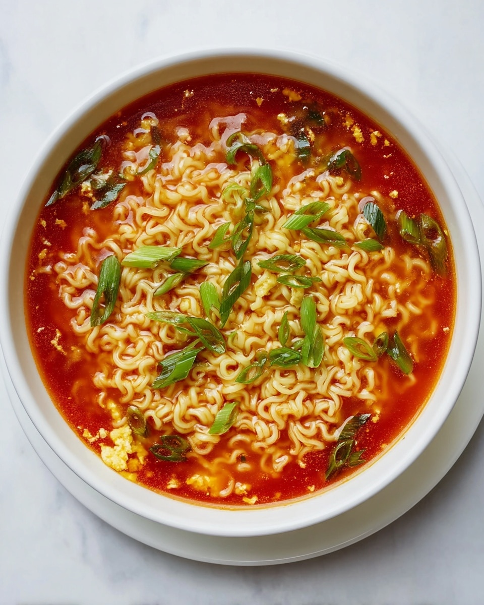 A white bowl filled with bright red soup as the base, showing a smooth and slightly oily texture. Inside the soup, there are soft, curly yellow noodles spread evenly in the middle and around the bowl. Small bits of light brown minced meat or tofu are mixed throughout the soup. On top, scattered slices of fresh green onions add a pop of green color and a fresh look. The bowl is placed on a white marbled surface. photo taken with an iphone --ar 4:5 --v 7