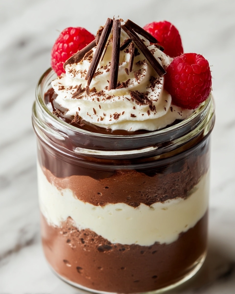 A clear glass jar shows a layered dessert with three main layers: thick, airy dark chocolate mousse at the bottom and middle, and a smooth, creamy white layer between them. On top of the mousse is a shiny dark chocolate sauce with a rich texture. Above the sauce is a generous swirl of white whipped cream decorated with thin, dark chocolate curls and small sprinklings of chocolate powder. Three bright red raspberries sit around the whipped cream, adding color and freshness. The jar is placed on a white marbled surface. photo taken with an iphone --ar 4:5 --v 7