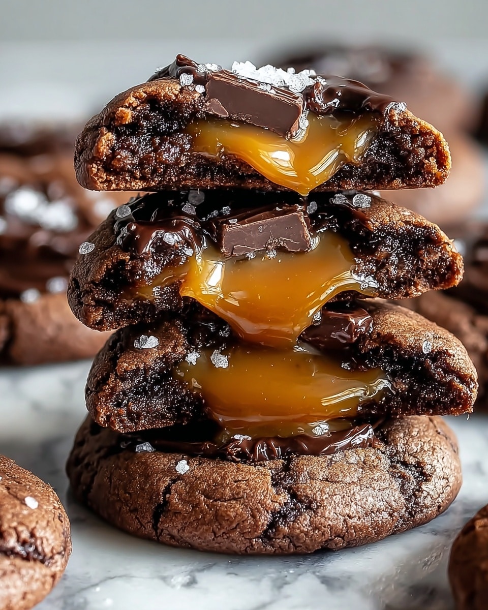 A stack of three round chocolate cookies is shown, each cookie broken in half to reveal a thick layer of gooey, golden caramel inside. The cookies have a rich, dark brown color with a slightly cracked surface and chunks of dark chocolate on top. The caramel layer is shiny and smooth, oozing slightly between the cookie layers. Around the stack, whole cookies topped with dark chocolate and a sprinkle of white sea salt flakes are placed on a surface with a white marbled texture. The close-up image captures the soft texture of the cookies and the shiny caramel filling. photo taken with an iphone --ar 4:5 --v 7
